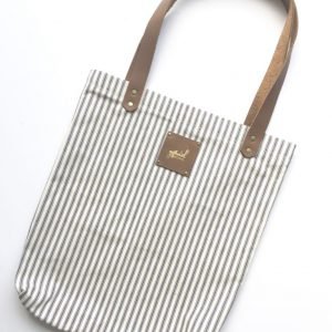 Striped Ticking Tote Bag with Leather Handles